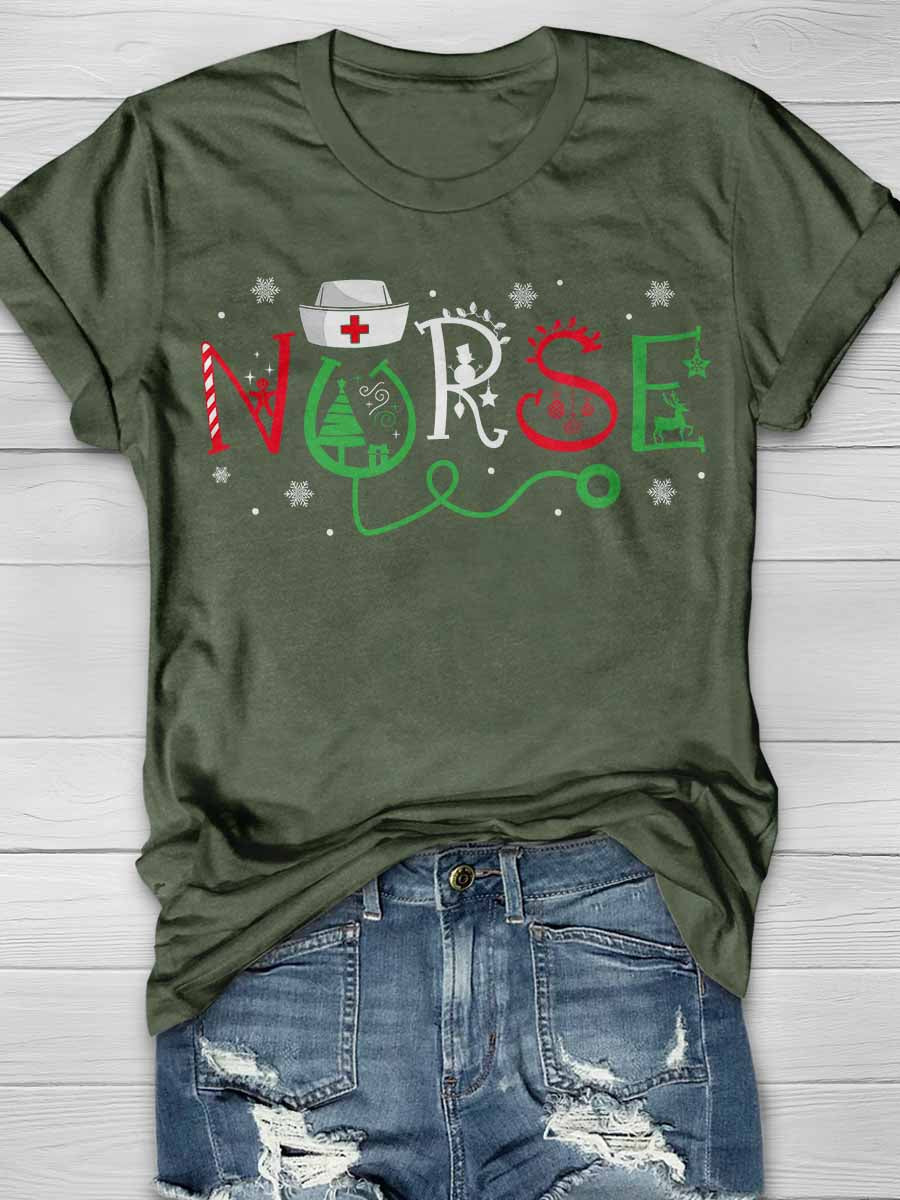 Christmas Nurse Print Short Sleeve T-shirt