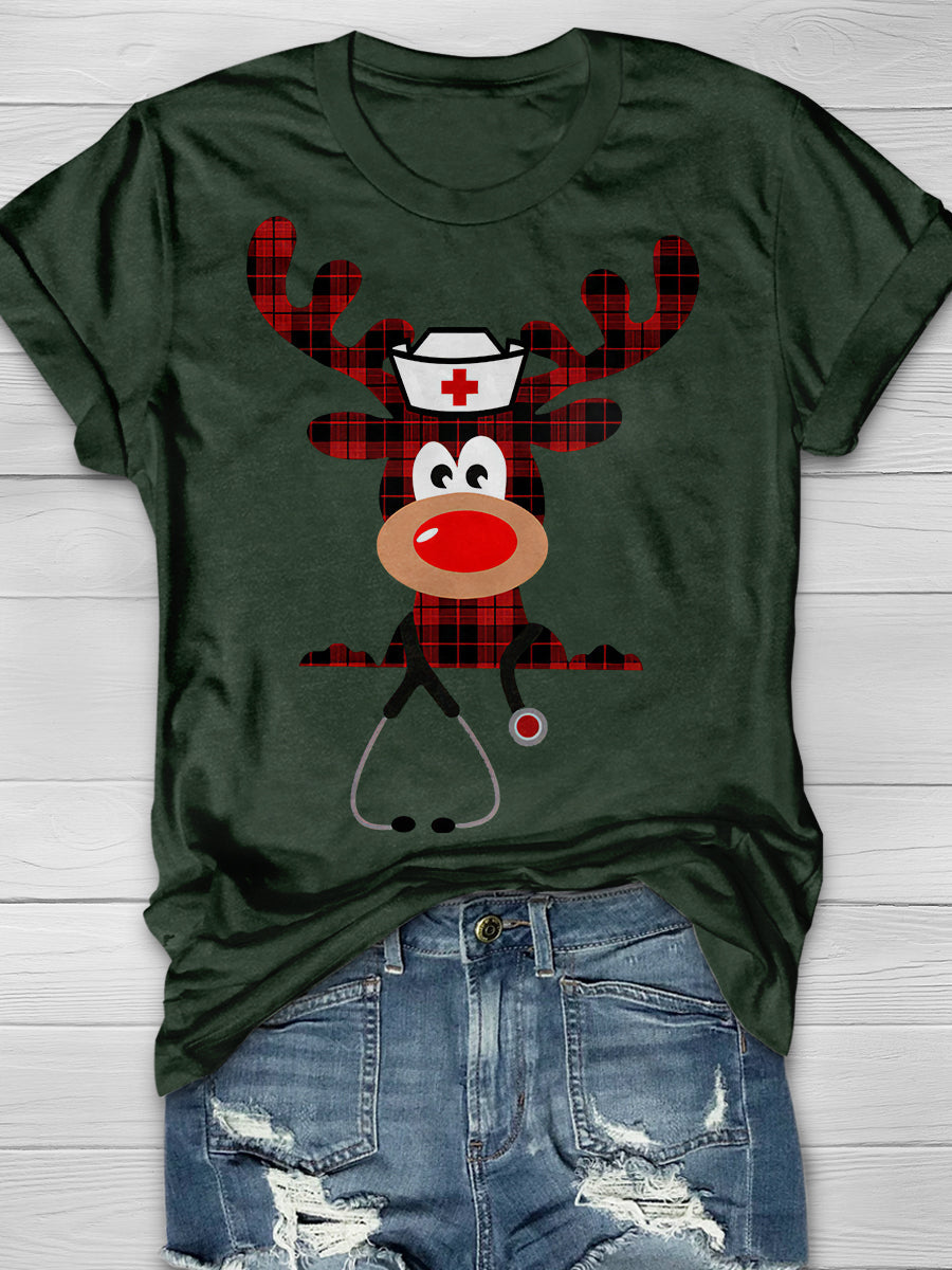 Christmas Deer Nurse Print Short Sleeve T-shirt