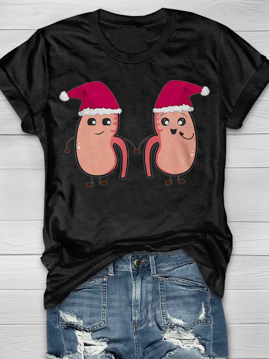 Christmas Kidneys in Red Hats Print Short Sleeve T-shirt