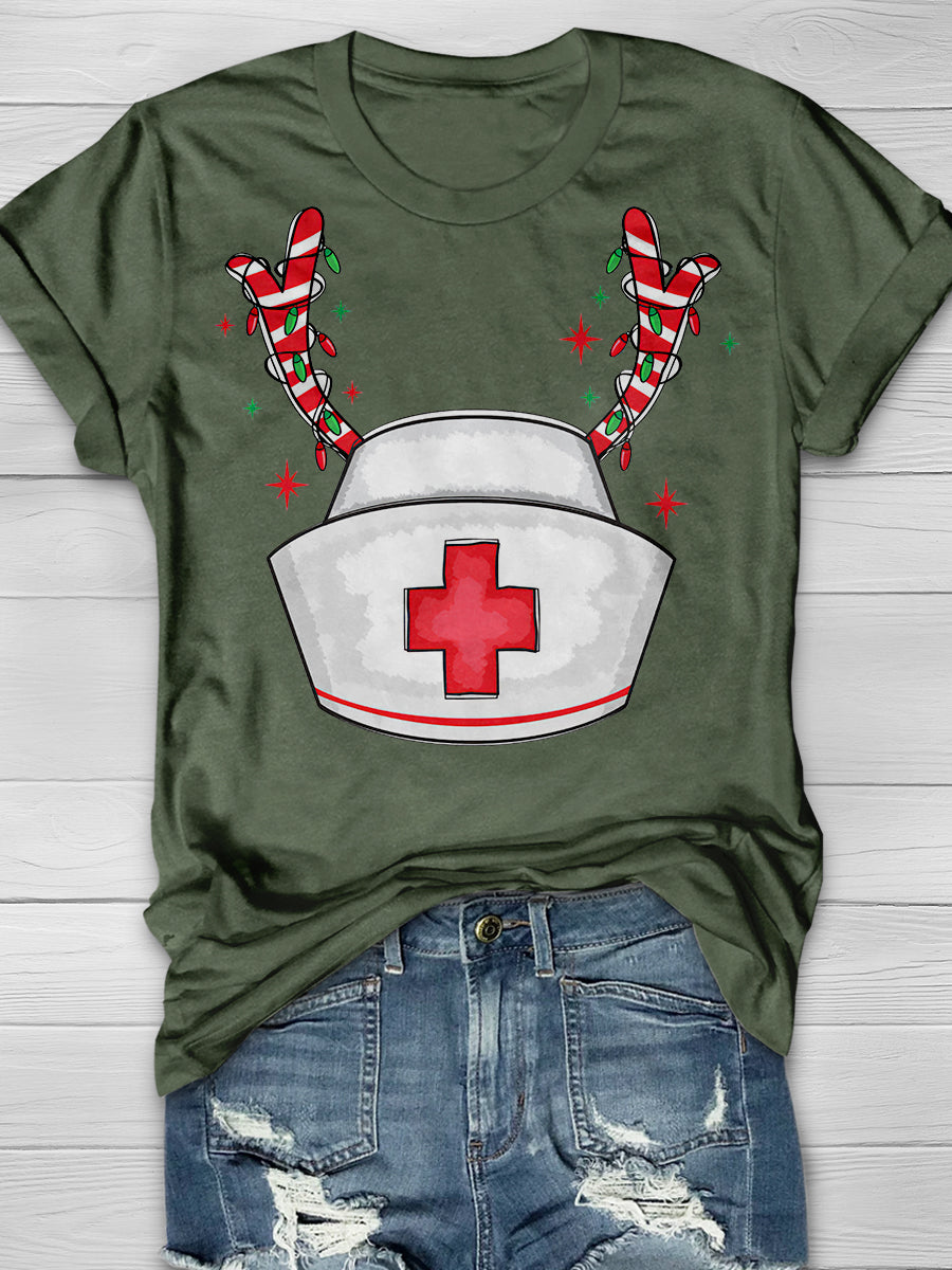 Christmas Nurse Hat Reindeer Print Short Sleeve T-shirt