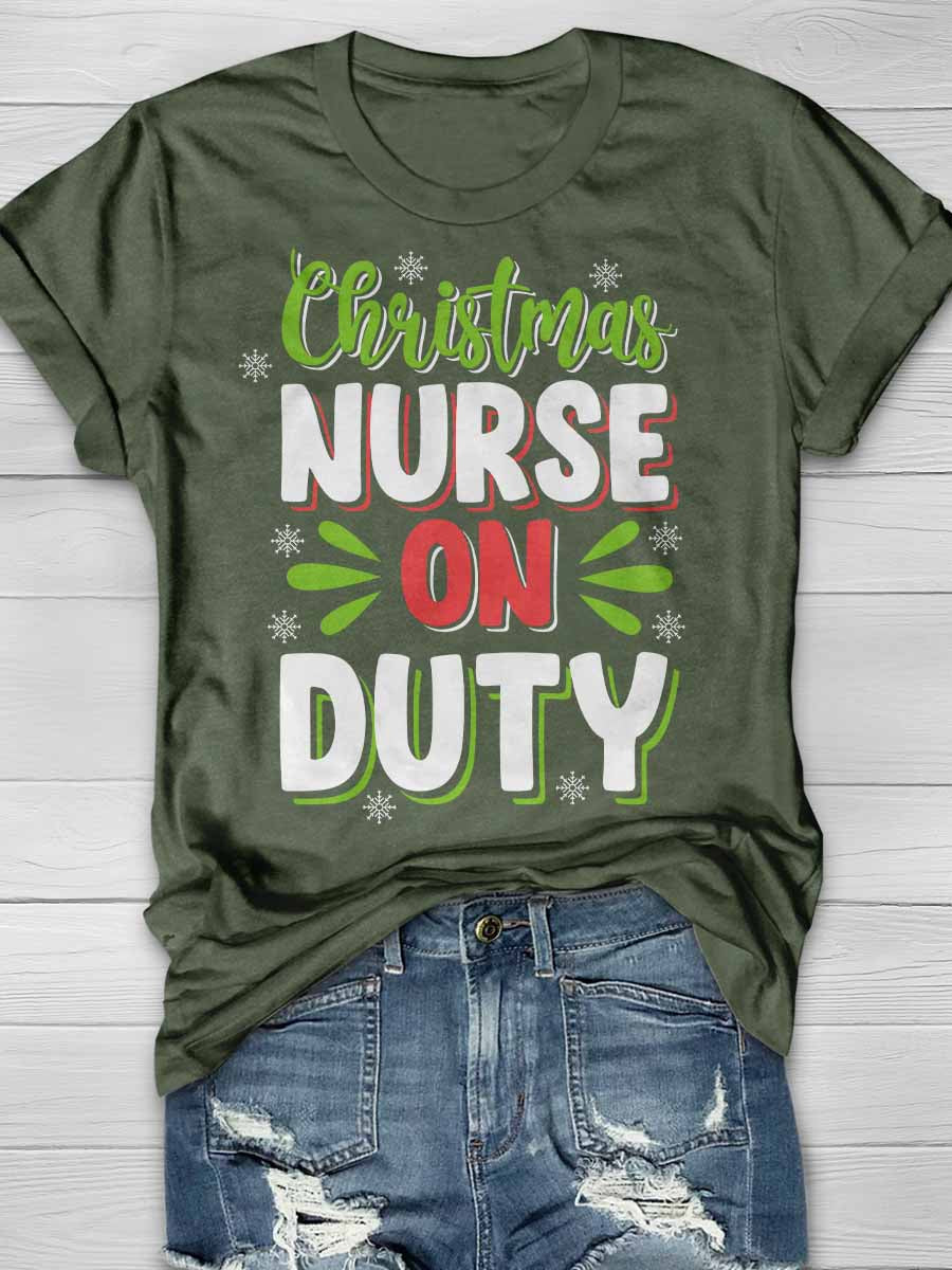 Christmas Nurse On Duty Print Short Sleeve T-shirt