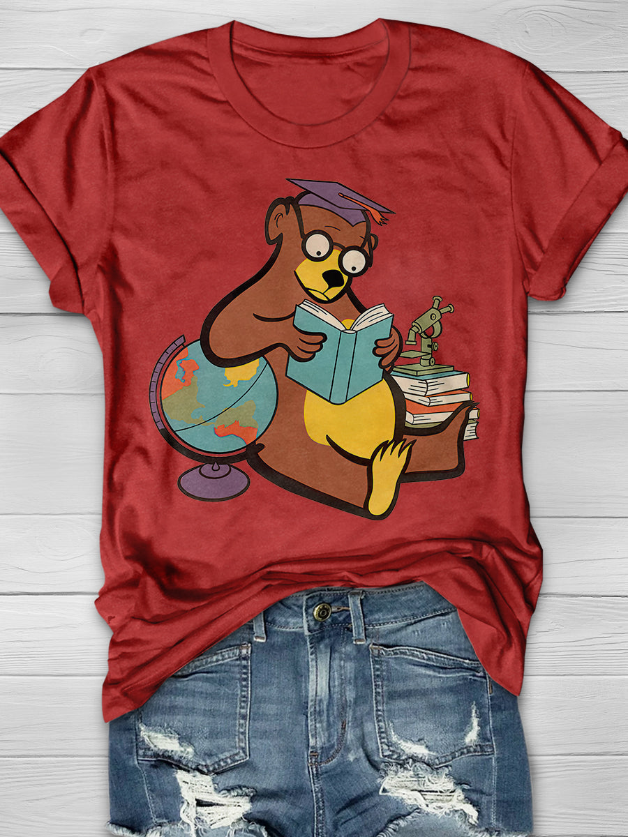 Scholarly Bear Reading Print Graphic T-shirts