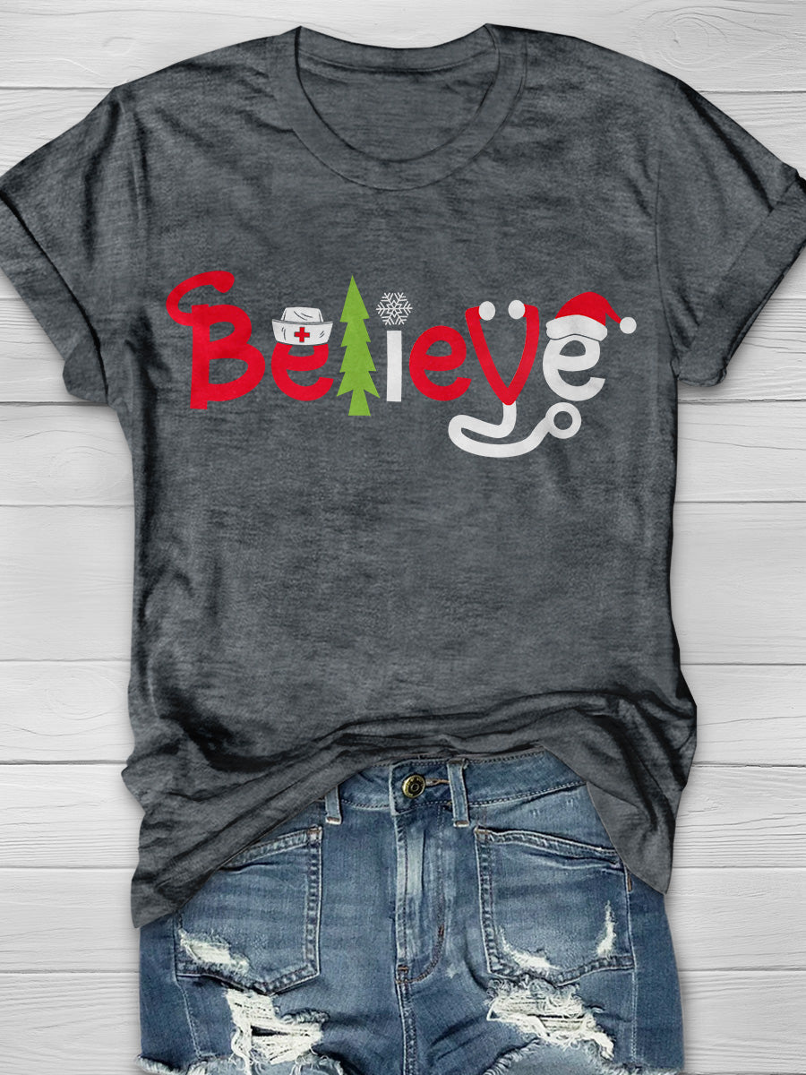 Christmas Nurse Believe Print Short Sleeve T-shirt