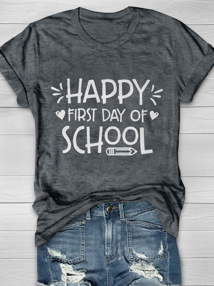 Happy First Day of School Print Short Sleeve T-shirt