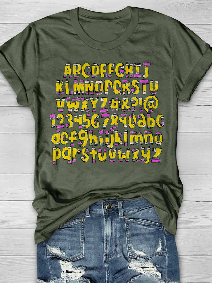 Pencil Letters Numbers Print Graphic T-shirts