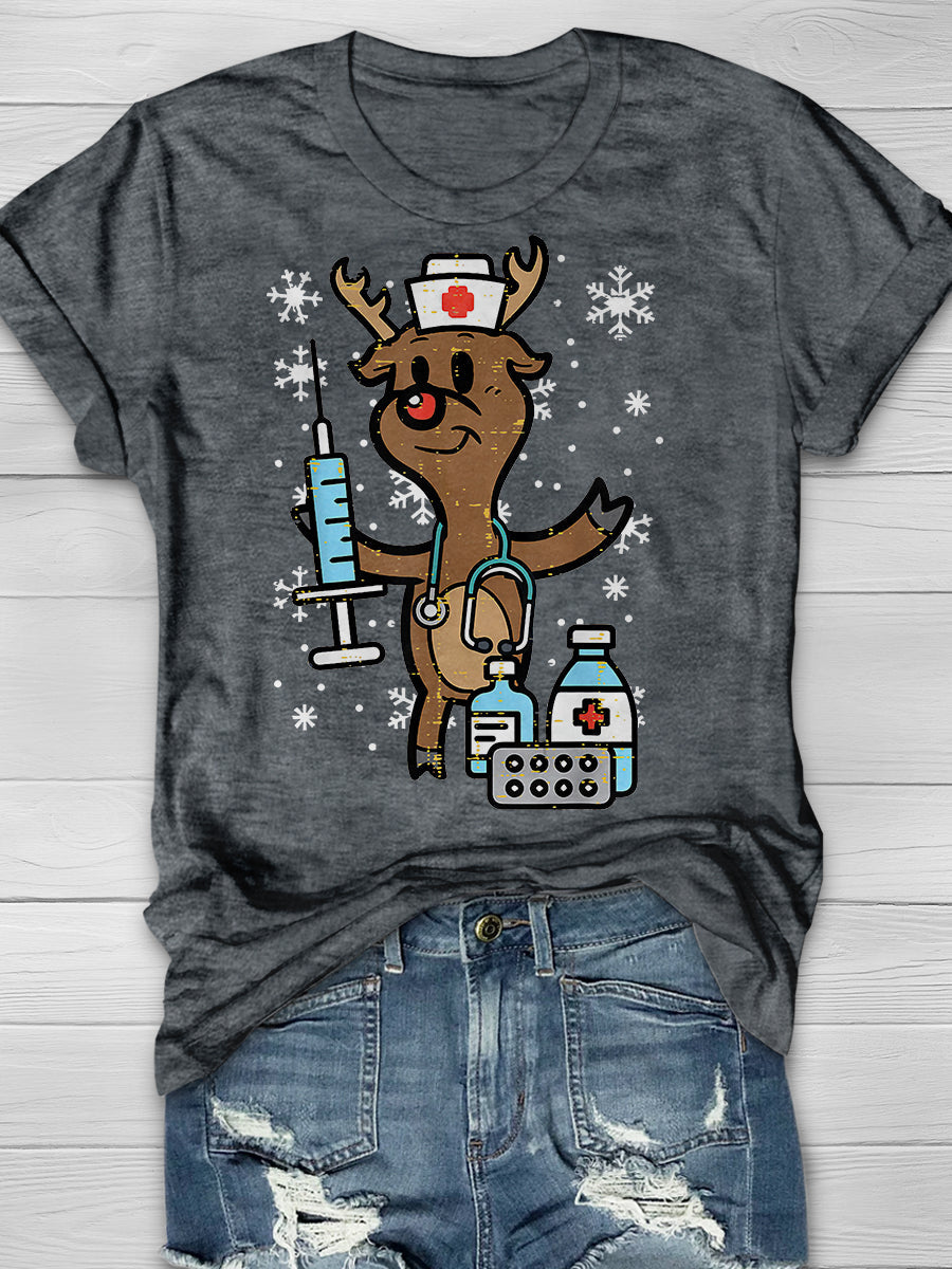 Christmas Nurse Reindeer Funny Print Short Sleeve T-shirt