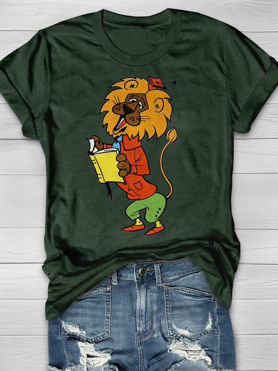 Lion Reading a Book Print Graphic T-shirts