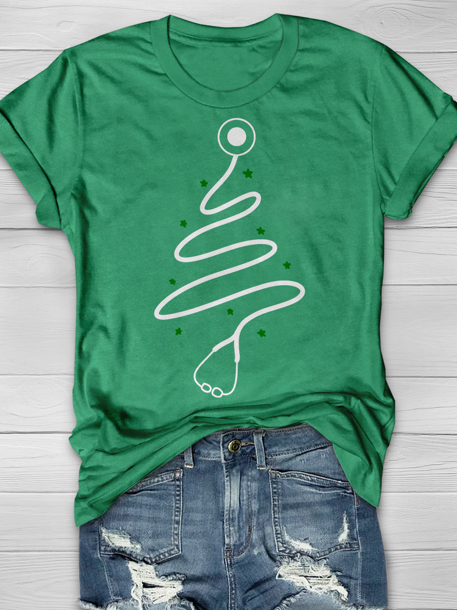 Christmas Stethoscope Tree Print Short Sleeve T-shirt