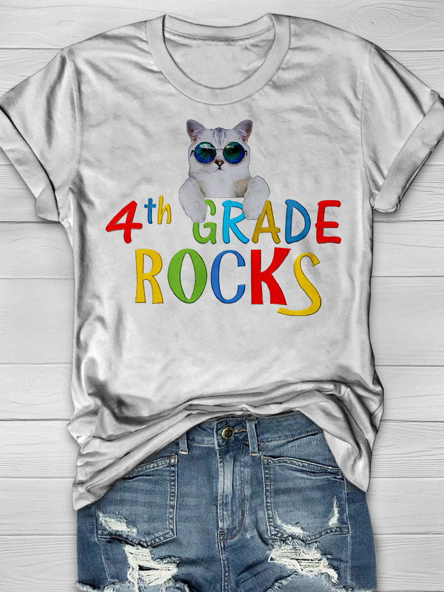 4th Grade Rocks Cool Cat Print Graphic T-shirts