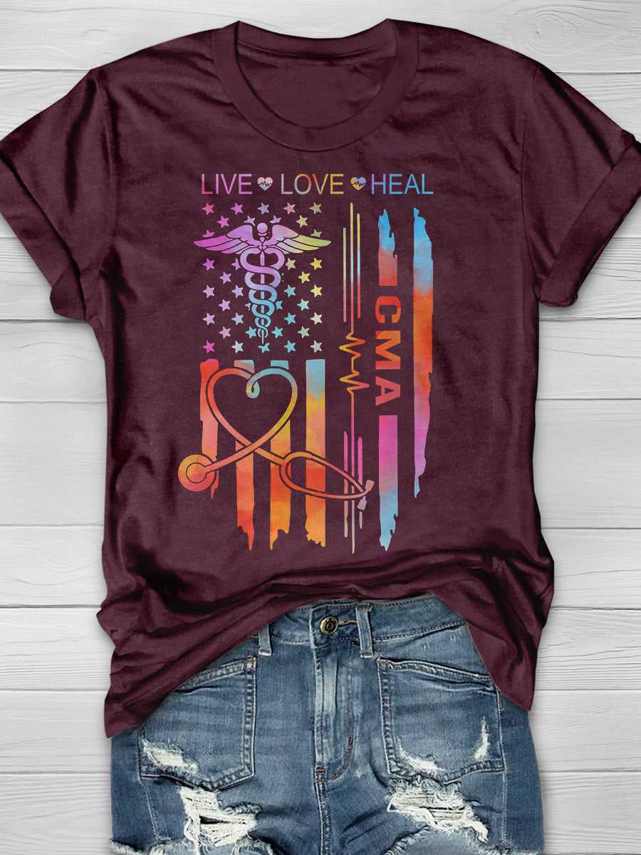 CMA Nurse US Flag Print Short Sleeve T-shirt