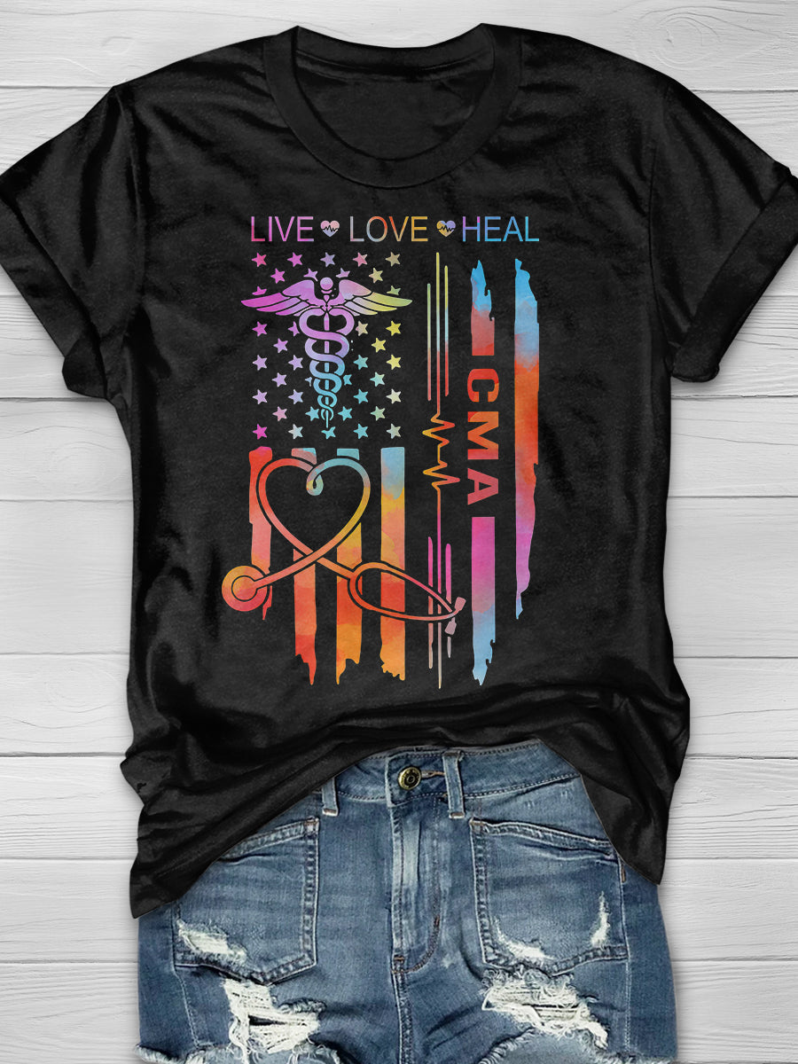 CMA Nurse US Flag Print Short Sleeve T-shirt
