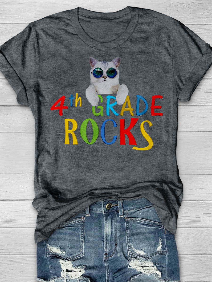4th Grade Rocks Cool Cat Print Graphic T-shirts