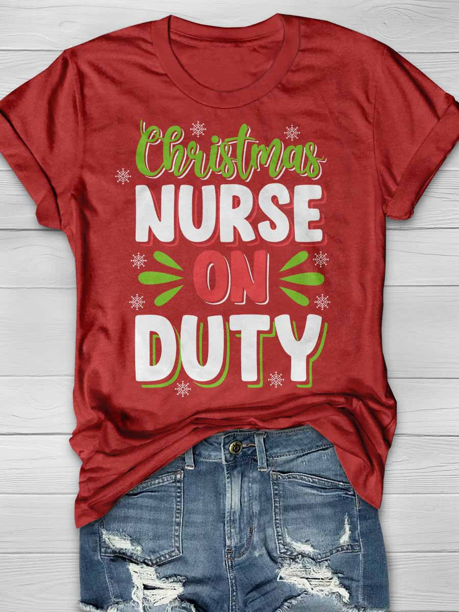 Christmas Nurse On Duty Print Short Sleeve T-shirt