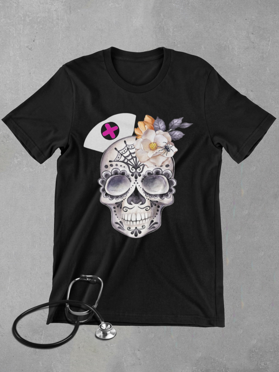 Vintage Skeleton Floral Nurse Graphic T-shirt