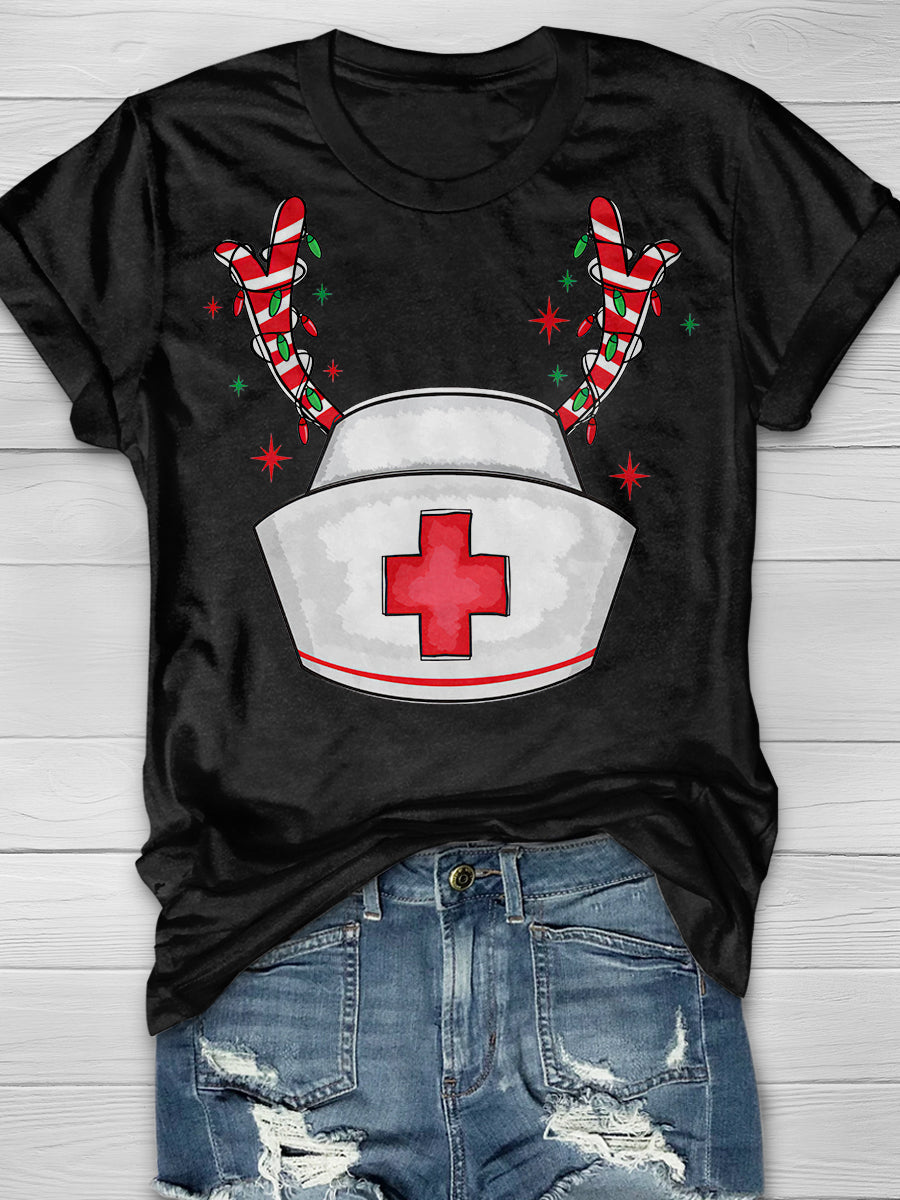 Christmas Nurse Hat Reindeer Print Short Sleeve T-shirt