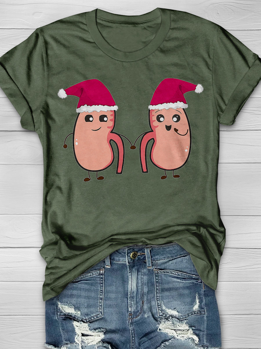 Christmas Kidneys in Red Hats Print Short Sleeve T-shirt