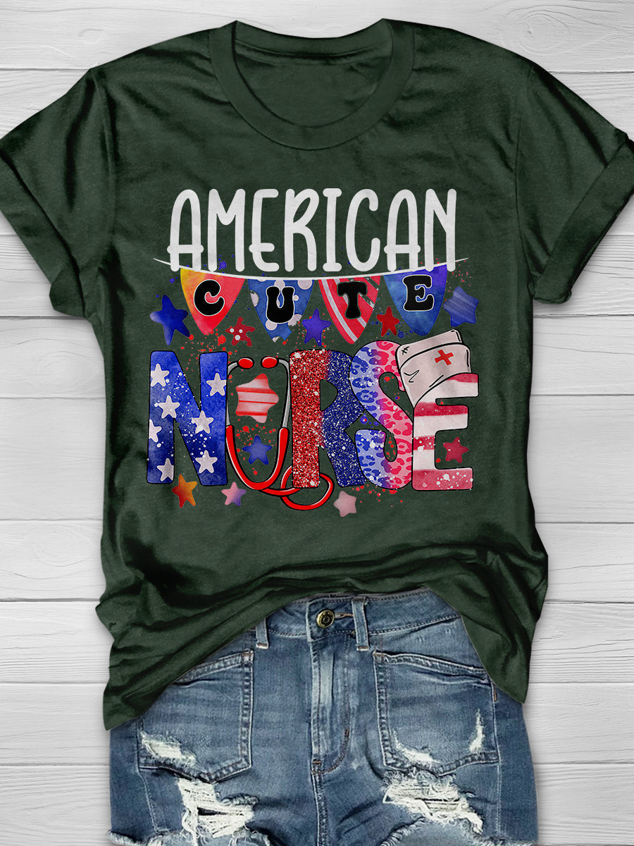 American Cute Nurse Print Short Sleeve T-shirt