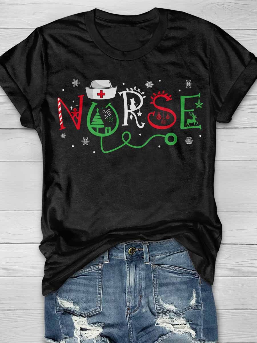 Christmas Nurse Print Short Sleeve T-shirt