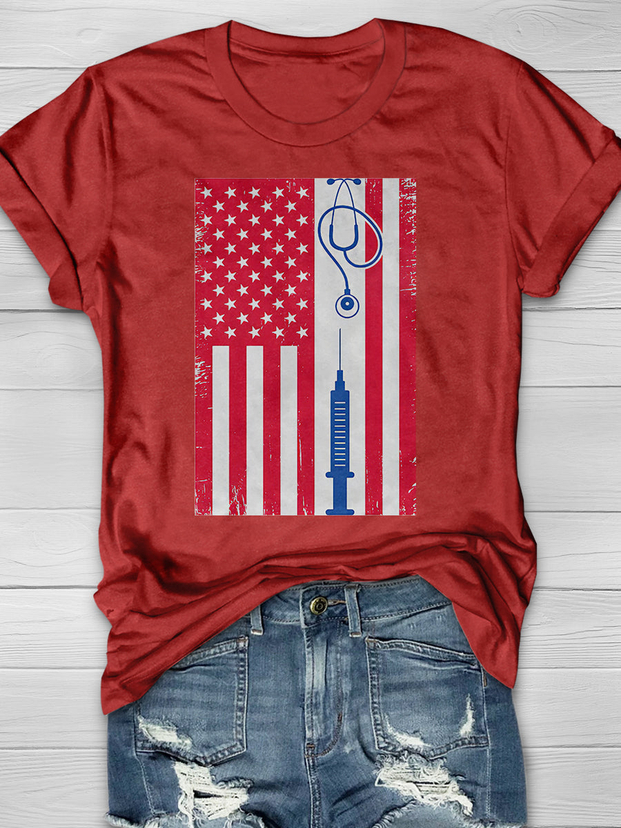 American Flag Vintage Nurse Print Short Sleeve T-shirt