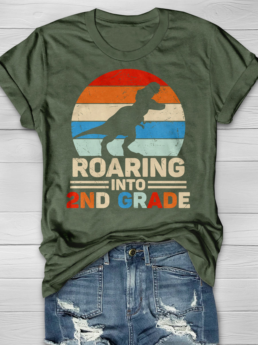 Roaring Into 2nd Grade Dinosaur Retro Sunset Print Graphic T-shirts