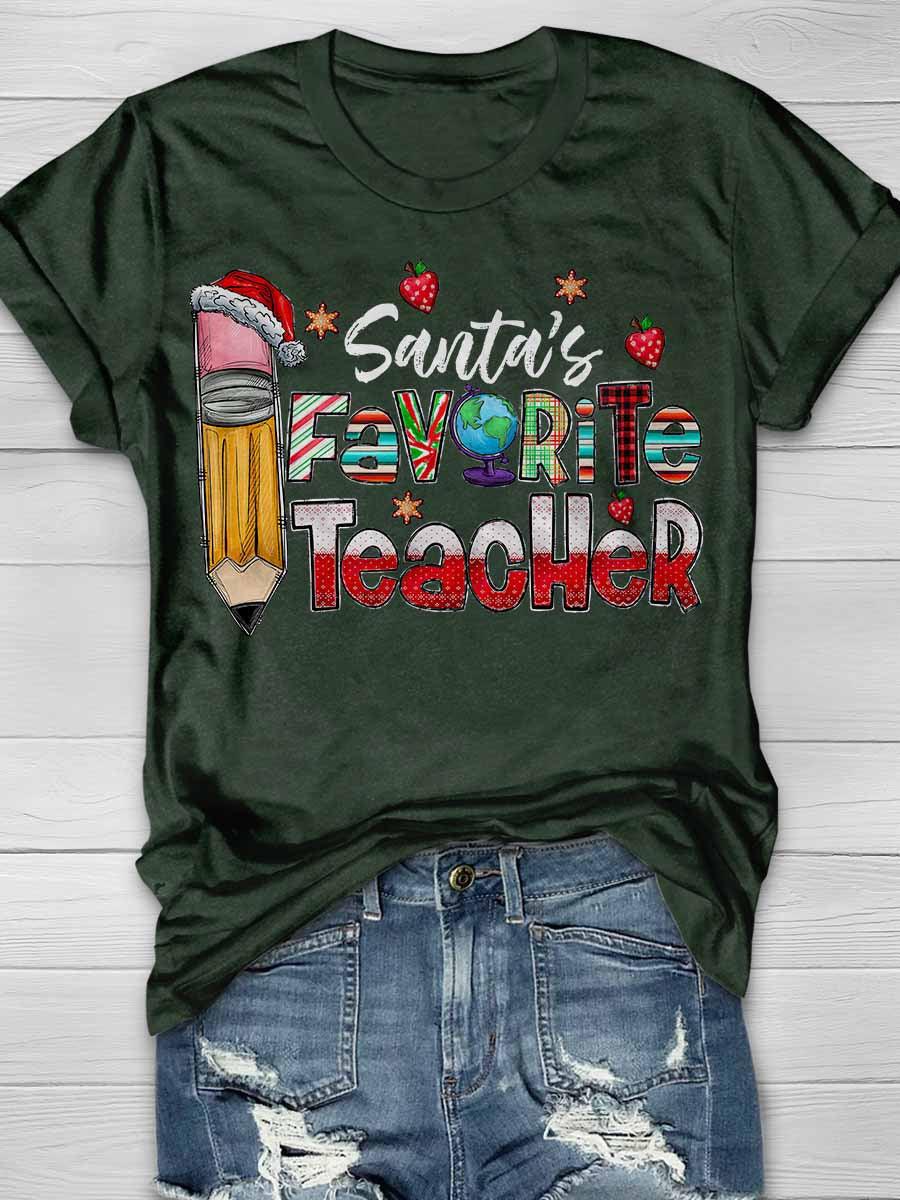 Santa's Favorite Teacher Print Graphic T-shirts