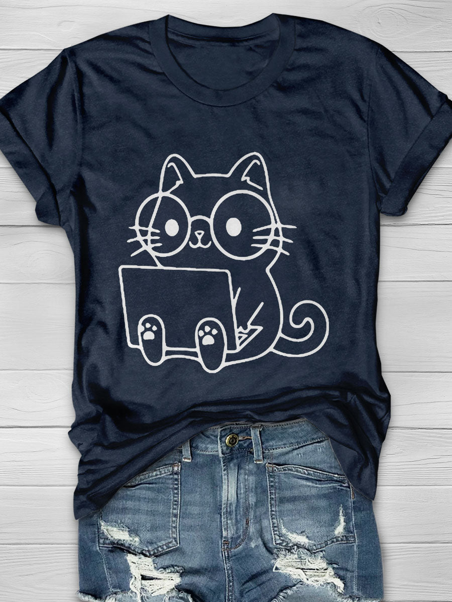 Computer Cat Print Short Sleeve T-shirt