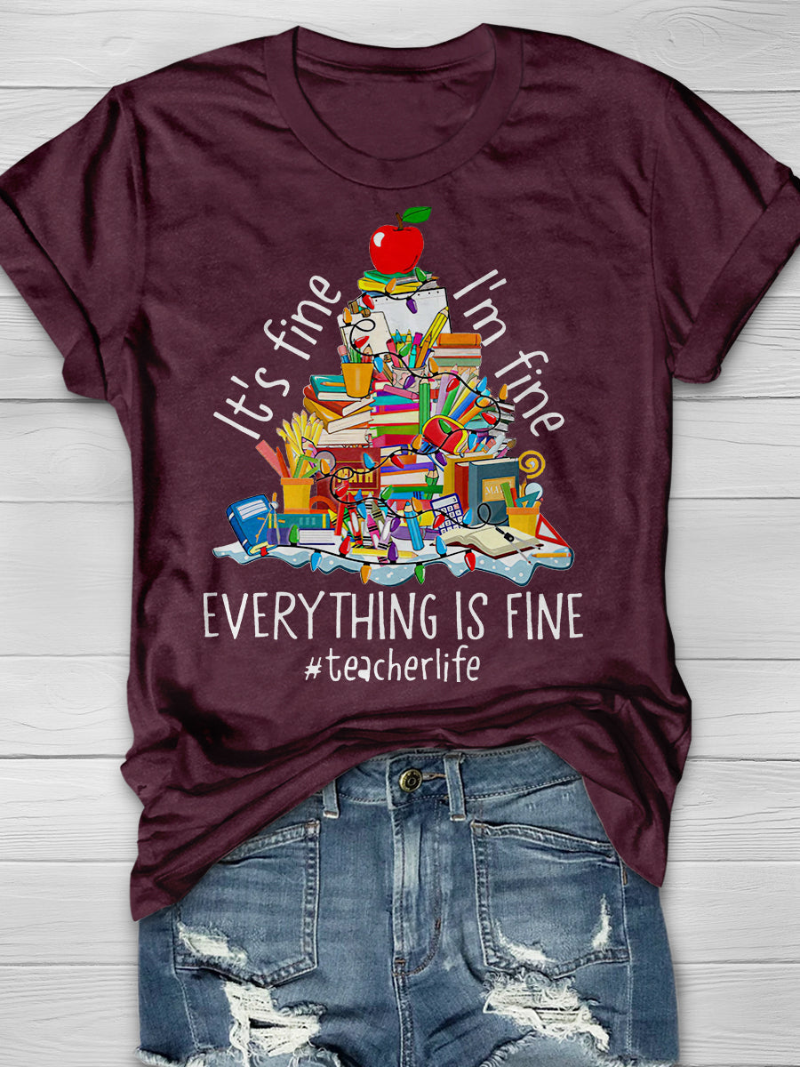 Everything Is Fine Teacher Christmas Tree Print Graphic T-shirts
