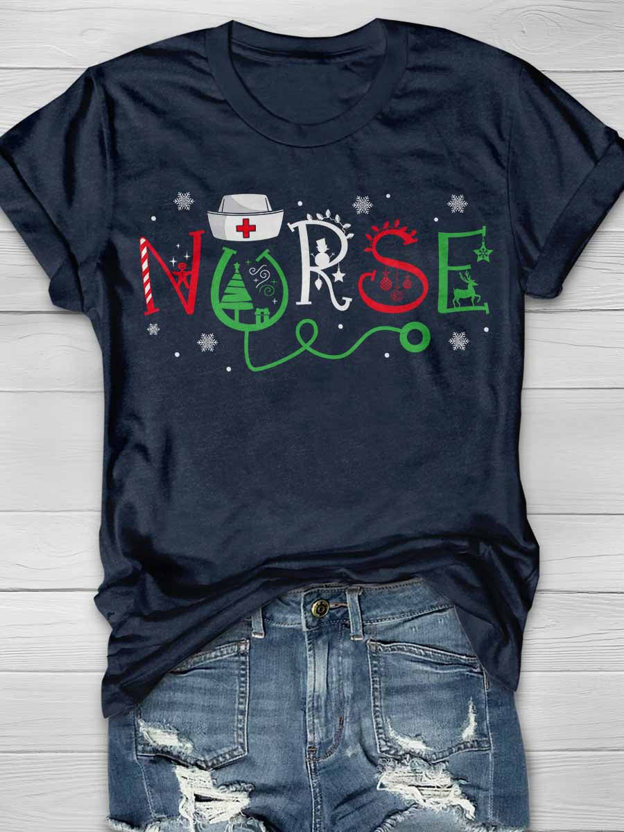 Christmas Nurse Print Short Sleeve T-shirt