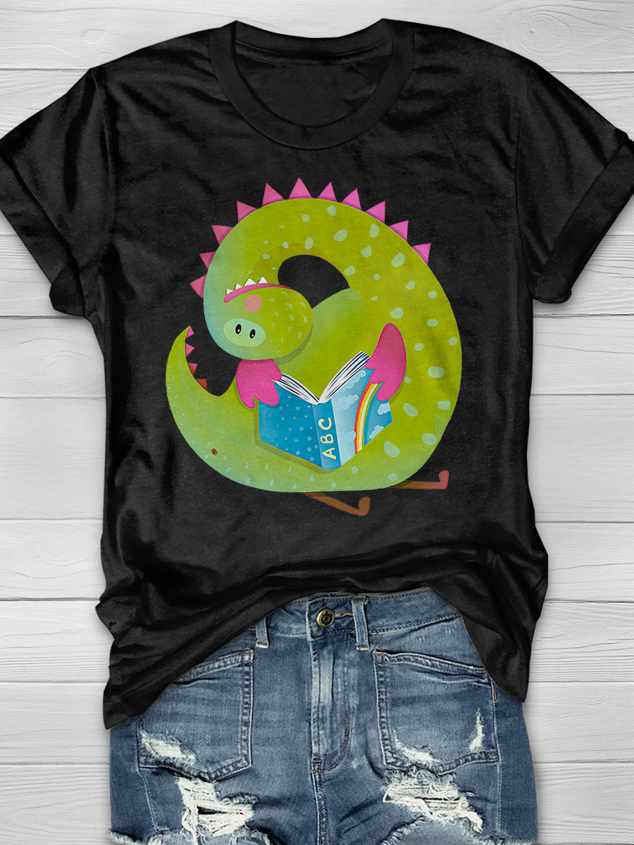 Baby Dragon Reading Book Print Graphic T-shirts