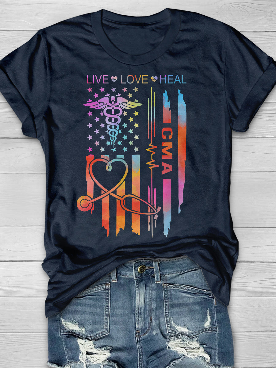 CMA Nurse US Flag Print Short Sleeve T-shirt