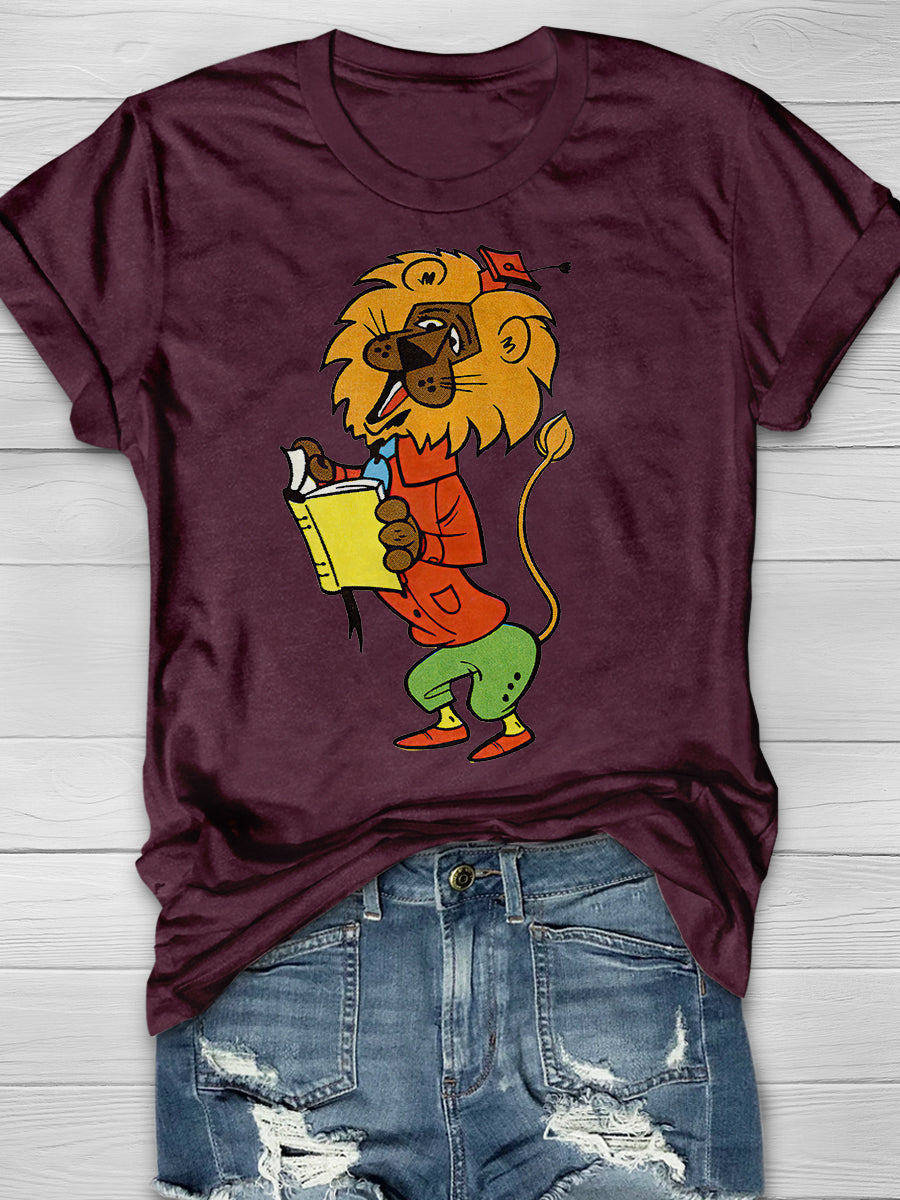Lion Reading a Book Print Graphic T-shirts