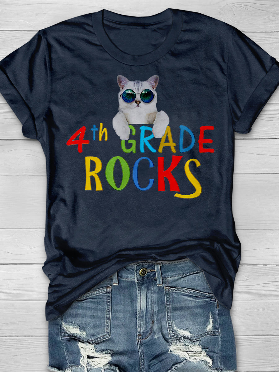 4th Grade Rocks Cool Cat Print Graphic T-shirts
