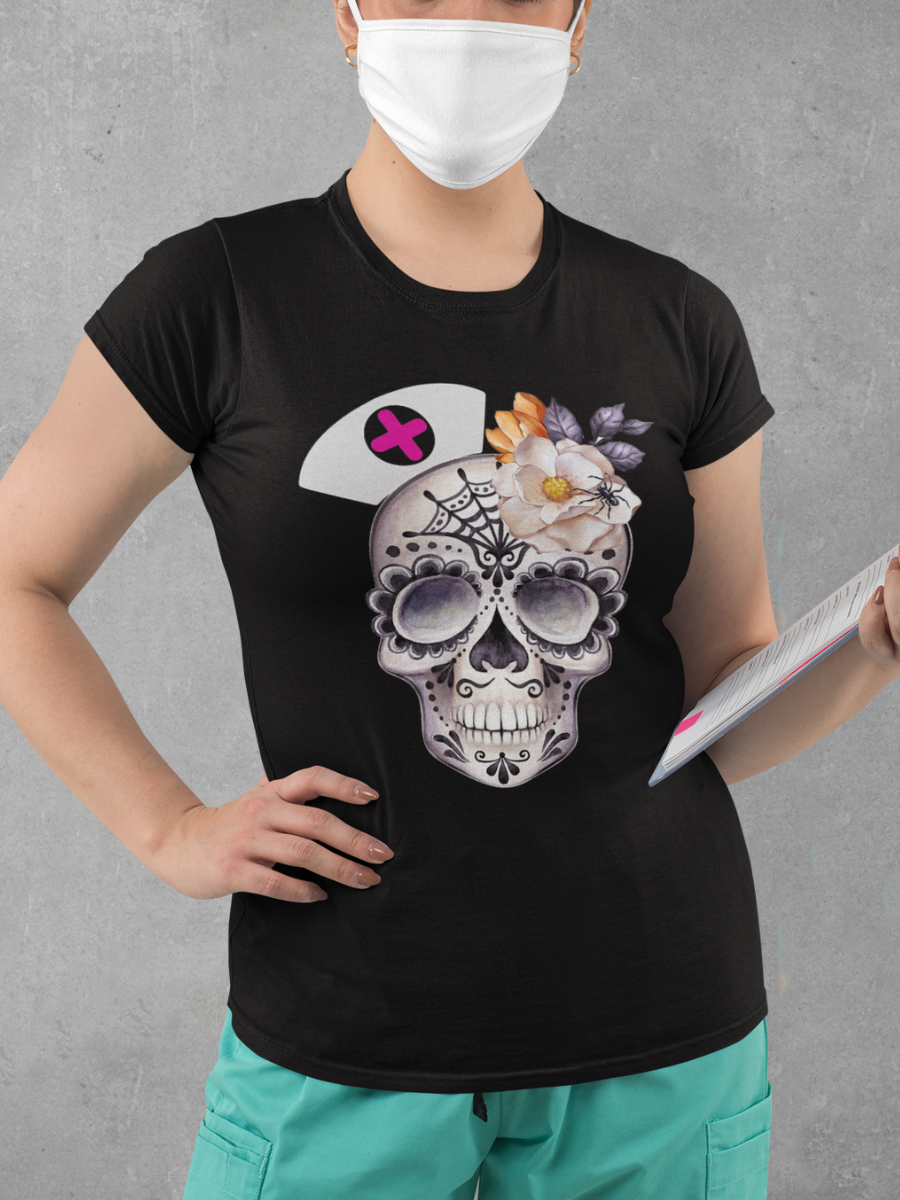 Vintage Skeleton Floral Nurse Graphic T-shirt