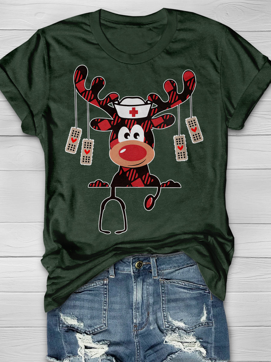 Christmas Reindeer Nurse Print Short Sleeve T-shirt