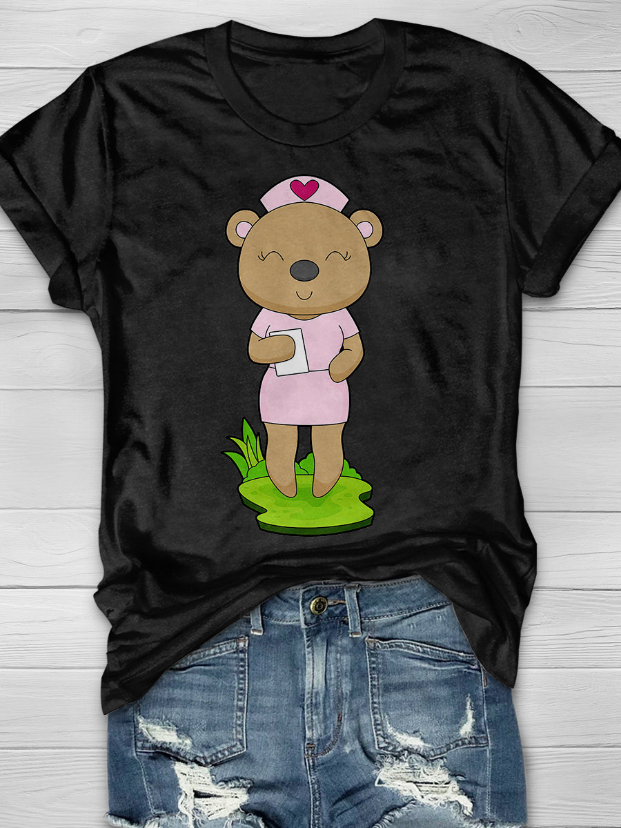 Bear Nurse Print Short Sleeve T-shirt