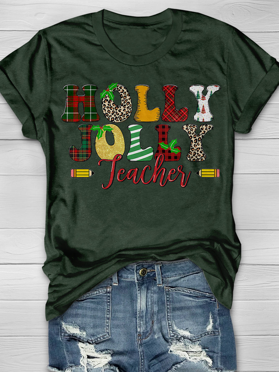Holly Jolly Teacher Christmas Print Graphic T-shirts