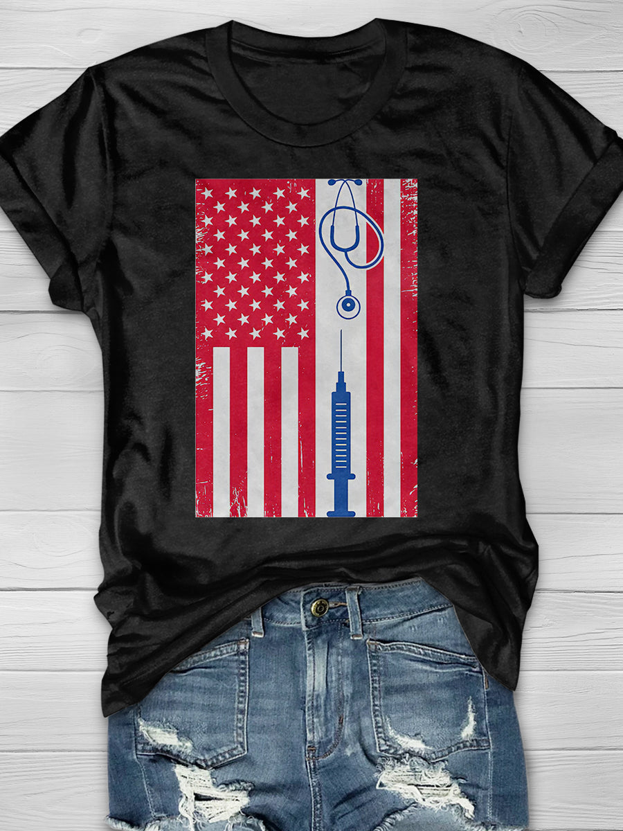 American Flag Vintage Nurse Print Short Sleeve T-shirt