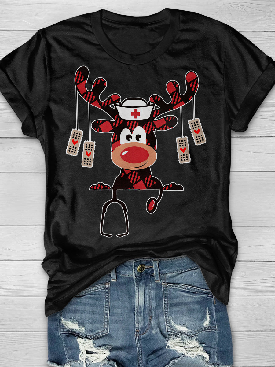Christmas Reindeer Nurse Print Short Sleeve T-shirt