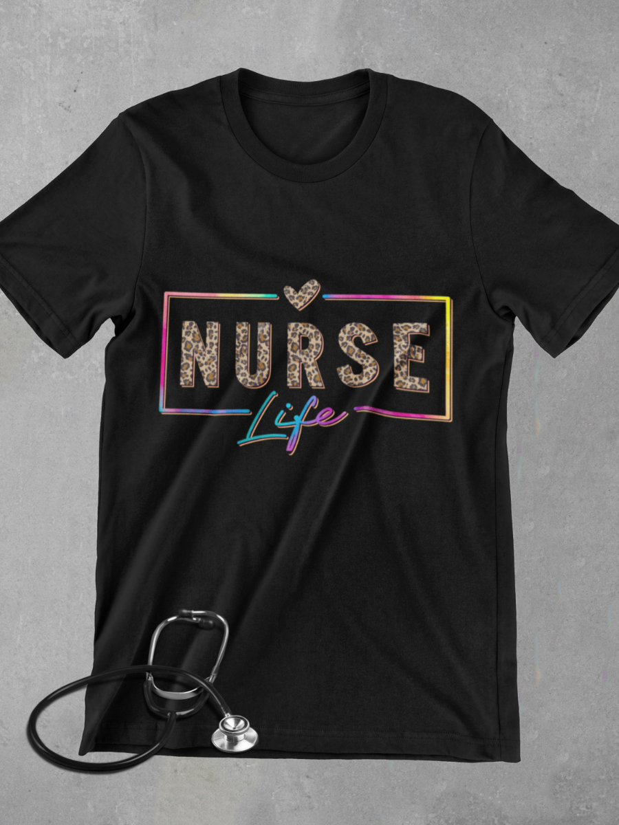 Leopard Pattern Nurse Life Graphic T-shirt