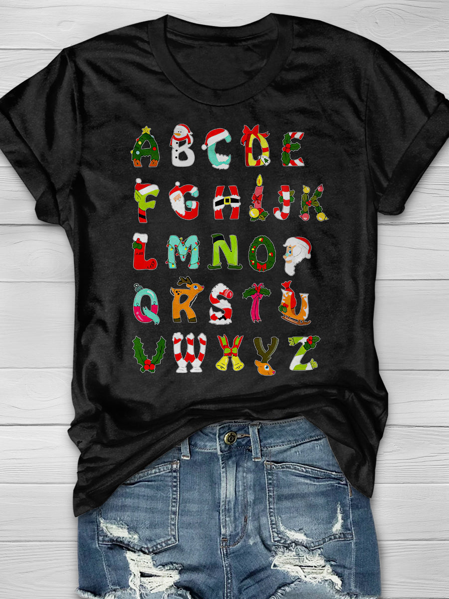 Christmas Alphabet Print Graphic T-shirts