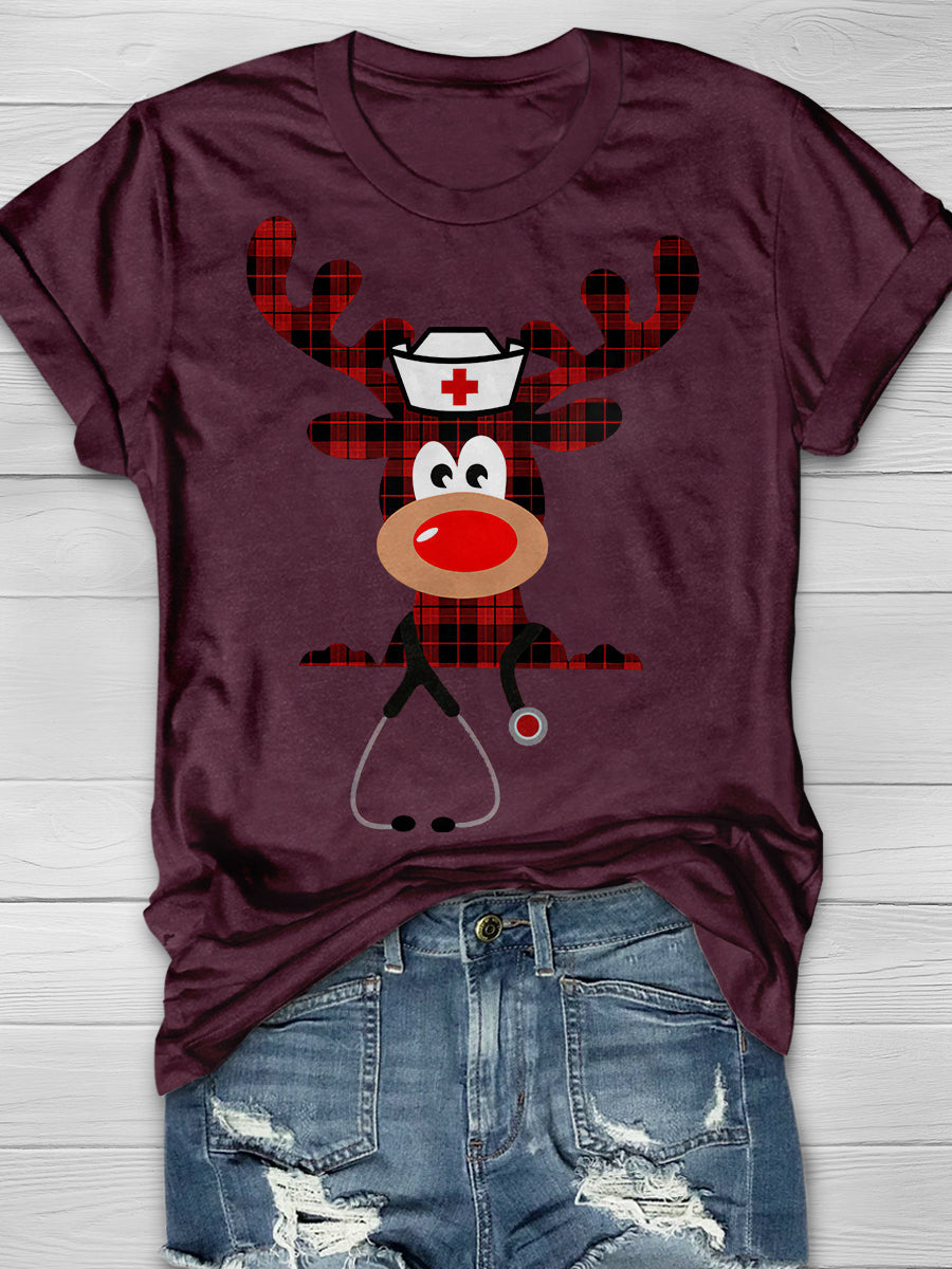 Christmas Deer Nurse Print Short Sleeve T-shirt