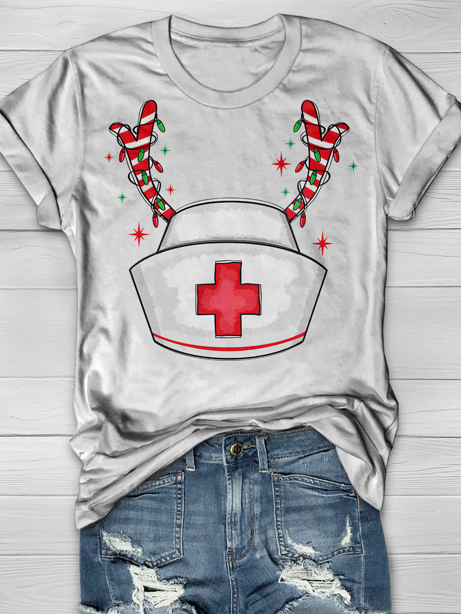 Christmas Nurse Hat Reindeer Print Short Sleeve T-shirt