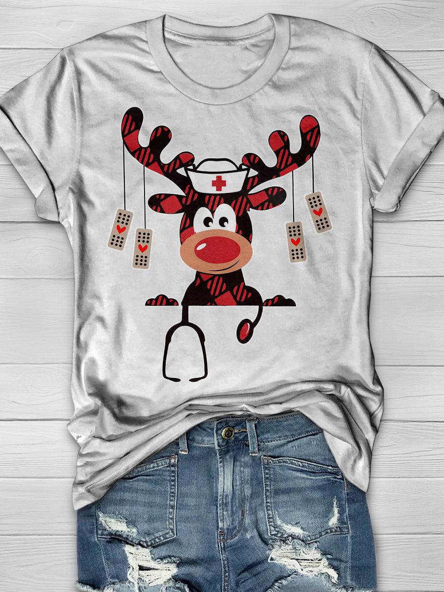 Christmas Reindeer Nurse Print Short Sleeve T-shirt