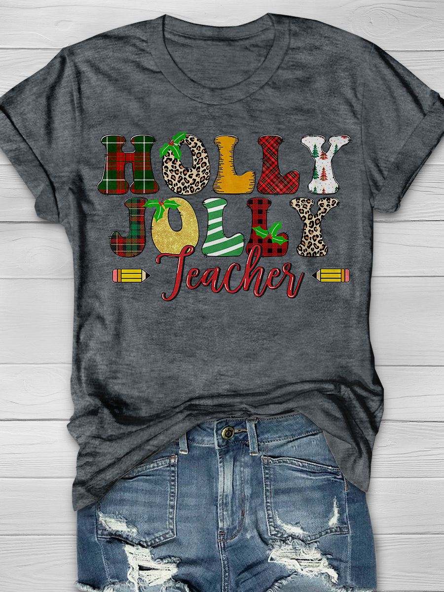 Holly Jolly Teacher Christmas Print Graphic T-shirts