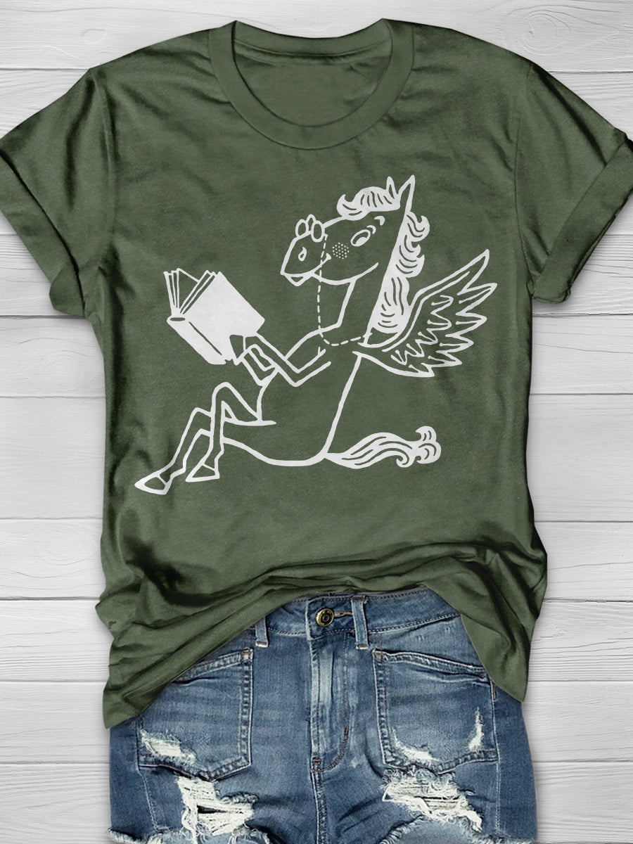 Pegasus Reading Book Print Graphic T-shirts