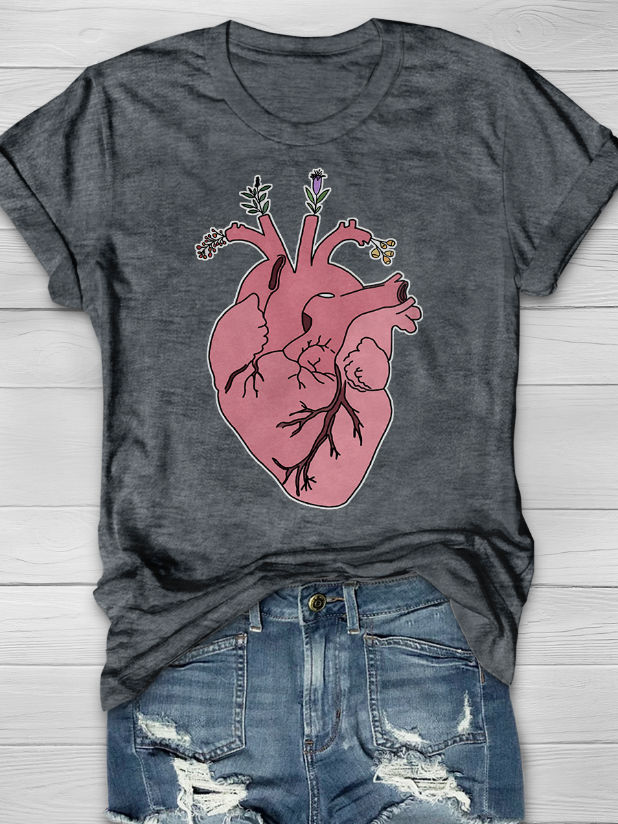 Anatomical Heart With Flowers Print T-shirt