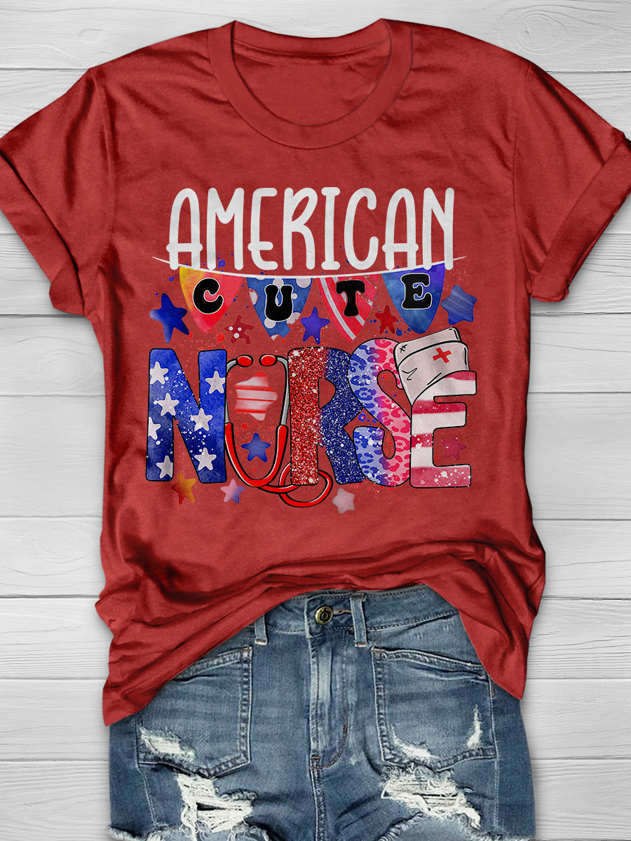 American Cute Nurse Print Short Sleeve T-shirt