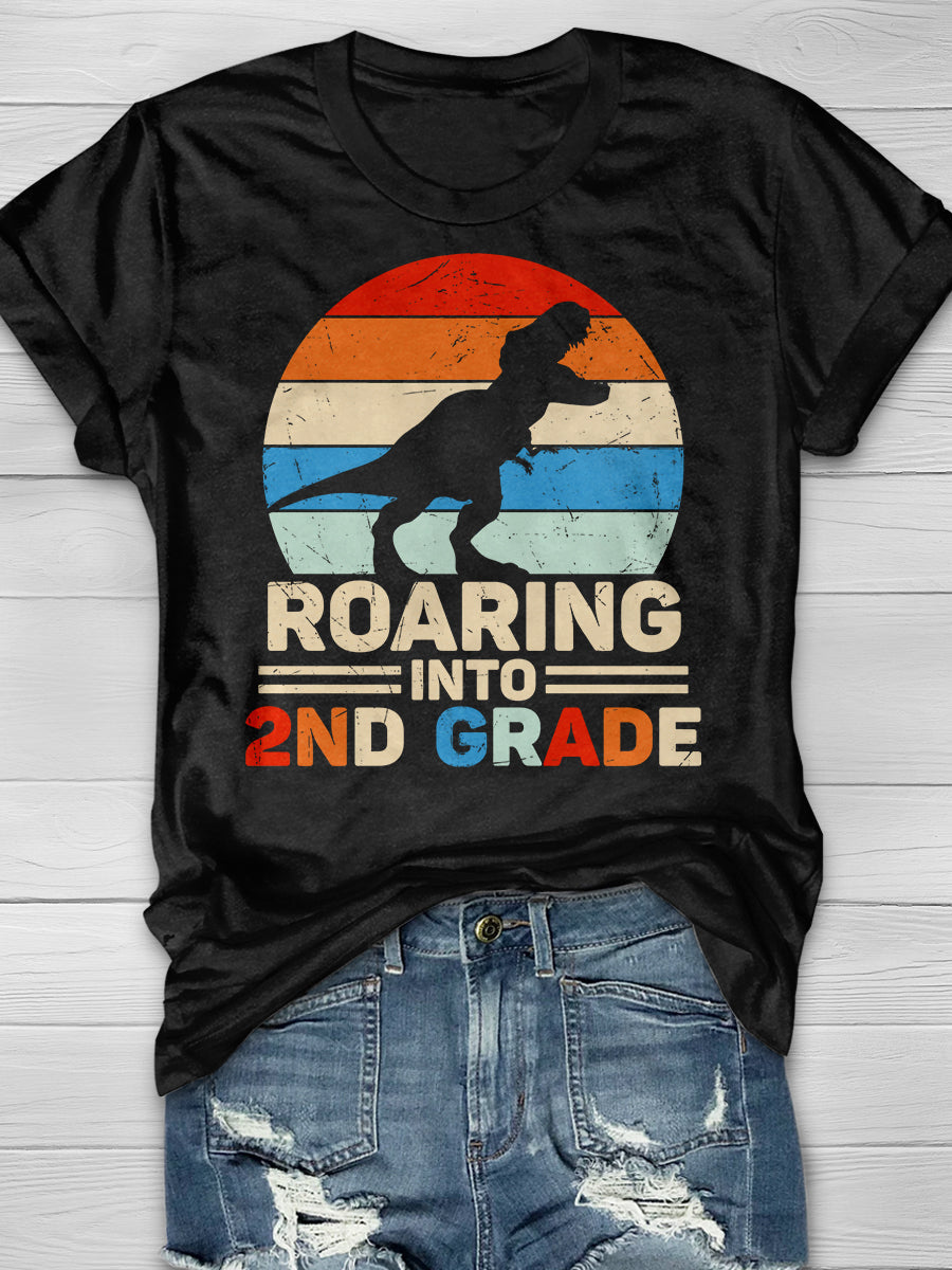 Roaring Into 2nd Grade Dinosaur Retro Sunset Print Graphic T-shirts