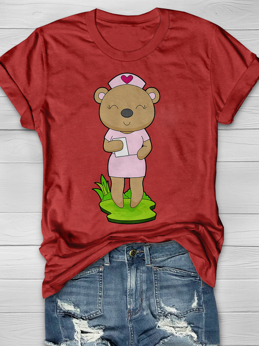 Bear Nurse Print Short Sleeve T-shirt