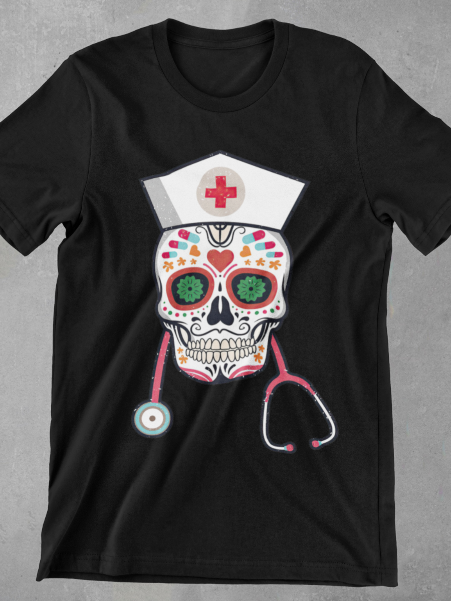 Painted Skeleton Nurse Graphic T-shirt